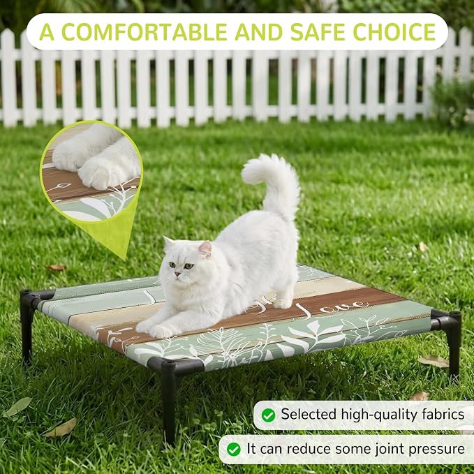 Outdoor Elevated Dog Bed for Small Dogs, Teal Brown Botanical Breathable Cooling Raised Dog Cot for Indoor/Outdoor, Farmhouse Wooden Leaves Waterproof Elevated Pet Beds, S 20 x 20 in