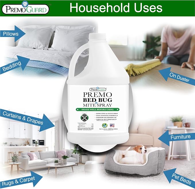 Premo Guard Bed Bug & Mite Killer Spray - 100% Kill Rate Formula, 128 oz | University Tested, Safe for Bedding, Furniture, Fabrics, and Clothing, Non Toxic, Stain & Scent Free, Child & Pet Safe