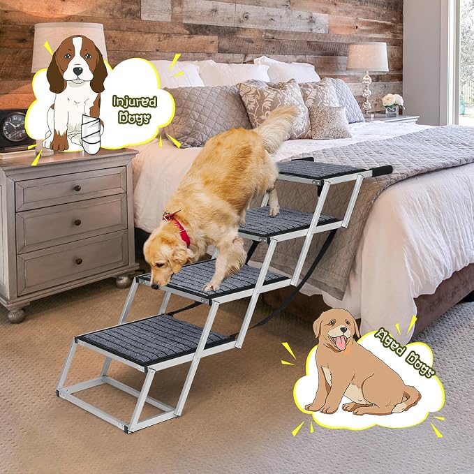 Joyrally 4-Step Dog Stairs for Car, Large Dogs, Non-Slip Surface | 20 in extra-wide aluminum frame, non-slip surface and foldable design for SUV and truck trunks, for senior and injured dogs