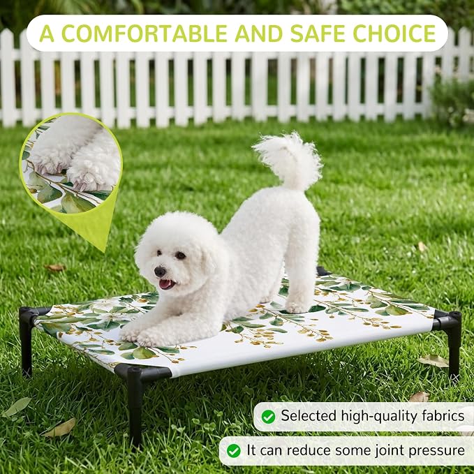 Outdoor Elevated Dog Bed for Medium Dogs, Floral Vine Breathable Cooling Raised Dog Cot for Indoor/Outdoor, White Hanging Buds Botanical Flowers Farmhouse Waterproof Elevated Pet Beds, M 24 x 20 in