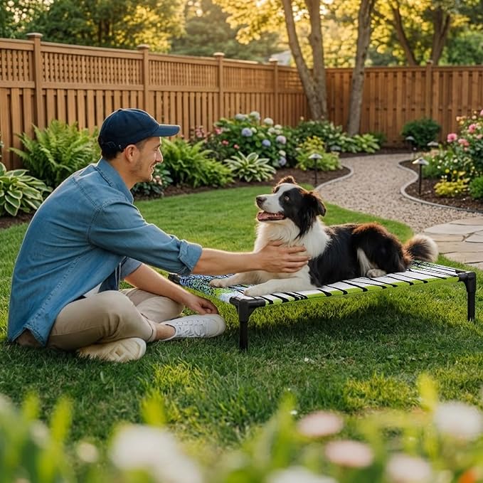 Outdoor Elevated Dog Bed for Large Dogs, Blue Green Forest Breathable Cooling Raised Dog Cot for Indoor/Outdoor, Modern Nature Tree Branch Landscape Waterproof Elevated Pet Beds, L 28 x 22 in