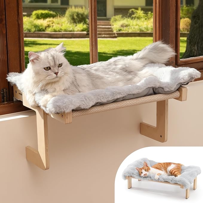 FUKUMARU Cat Window Perch, Sturdy Wood Hammock Window Bed for Indoor Cats | 3-in-1 Convertible Cat Bed for Windowsill, Bedside & Floor, Reinforced Metal Frame Hammock with Washable Fluffy Cushion