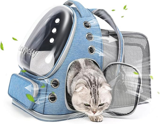 Cawypety Expandable Cat Backpack,Cat Bubble Backpack Carrier for Carrying Cats, Pets and Small Dogs,Airline-Approved,Designed for Travel, Hiking, Walking,Car （Blue