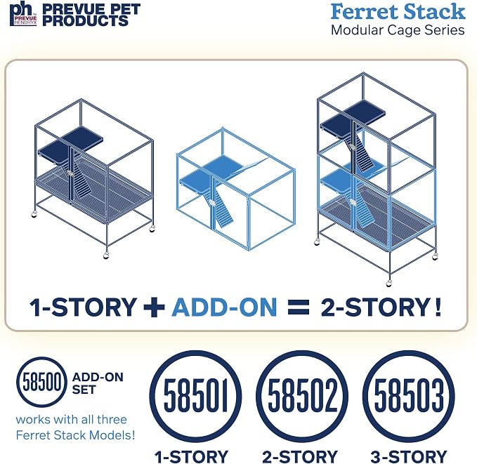 Prevue Pet Products Ferret Stack One Story Ferret Home - Portable Stand, Escape Proof Lock, Includes Hammock & Ramp, Expandable Add-On Cage Stacking System with Wheels - Black