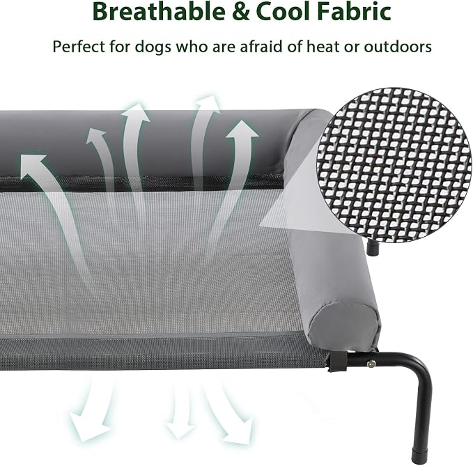 Cooling Elevated Dog Bed for Large Dogs – Waterproof Raised Dog Cot with Slope Headrest, Breathable Teslin Mesh, Durable & Portable Pet Bed for Indoor and Outdoor Use, Grey