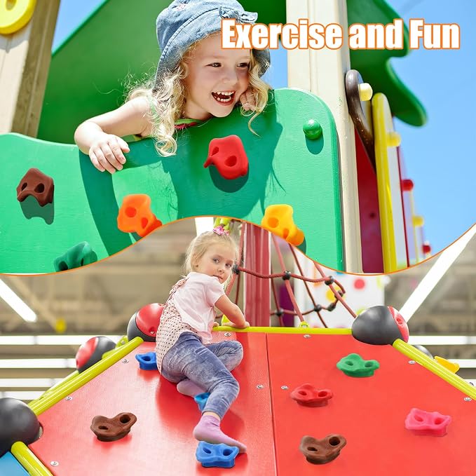 Meooeck 40 Pcs Rock Climbing Holds Set for Kids with Mounting Screws and 2 Wrenches, Mix Colored Climbing Rocks DIY Wall Grip Kits for Outdoor Indoor Playground Backyard Play Set