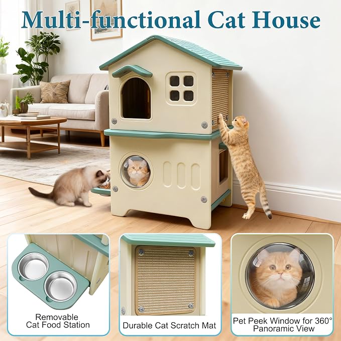 Cat House Outdoor Weatherpoof Plastic Cats Houses 2-Story | with Elevated Cat Bowls, Cat Scratch Pads and Escape Door, Indoor Waterproof Feral/Pet Cat Shelter Outside for Multiple Cats