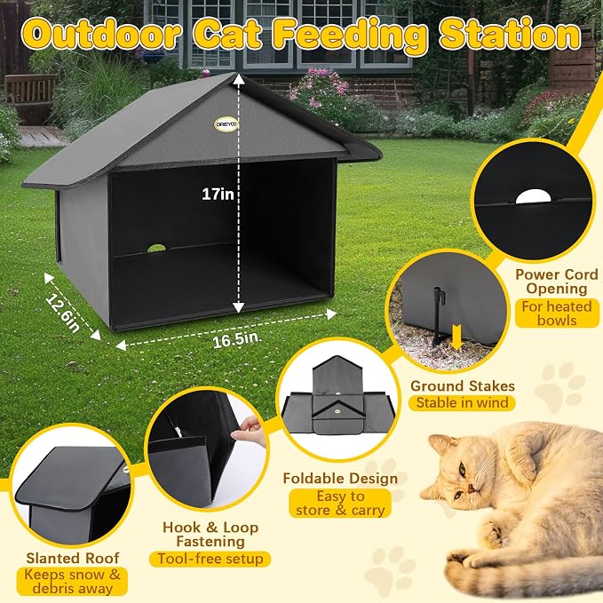 Weatherproof Outdoor Cat Feeding Station with 2 Bowls 32oz | Waterproof 3-layer Oxford fabric. Ant-proof bowls with moat. 17x16.5x12.6in. Tool-free assembly in minutes.