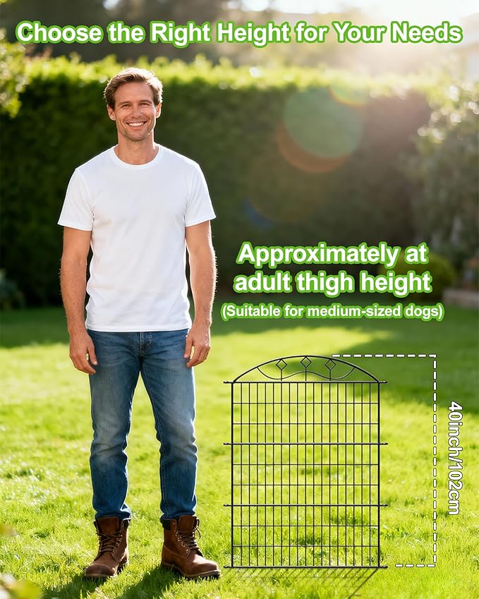 40in Tall 10-Panel Metal Garden Fence with Gate, No Dig Temporary Yard Fencing, Reusable Animal Barrier for Large Dogs & Garden Protection, Black