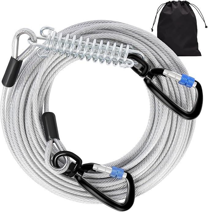 Snagle Paw Dog Tie Out Cable 15FT,Heavy Duty Dog Leads for Yard with Shock Absorbing Spring & Swivel Hook,Leash Cable for Outdoor Camping,Dog Line for Small Large Dogs,withstand 1000LBS Break Strength