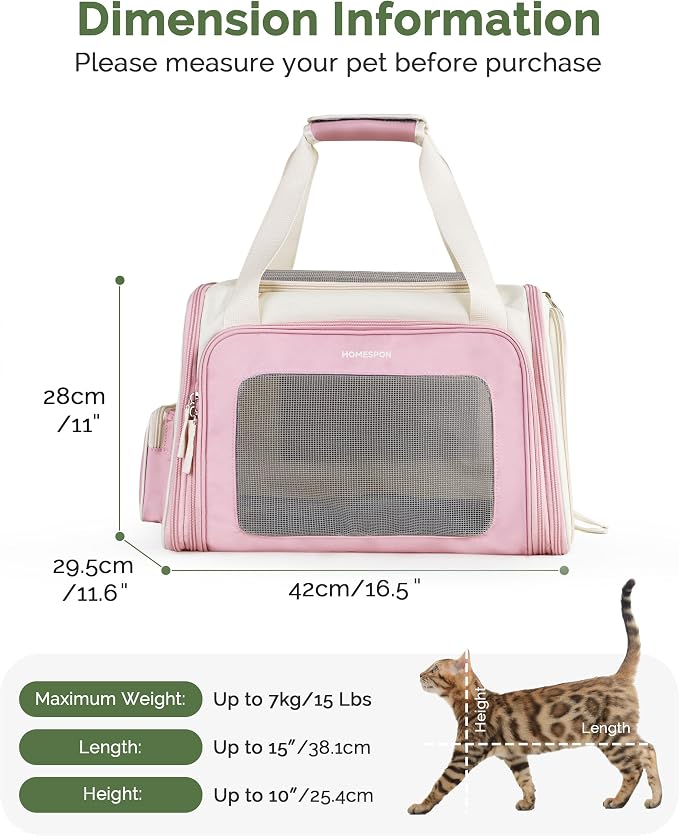 Homespon Soft-Sided Cat Carrier Dog Carrier, 34.5L Airline Approved Pet Carrier, Collapsible Travel Bag with Removable Bed for Small Dogs & Cats (Pink)