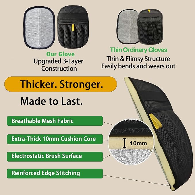 2PCS Pet Hair Removal Glove for Dogs & Cats- Upgraded 10mm Thickened Electrostatic Magic Brush- Pet Hair Remover Glove for Couch, Furniture, Clothes, Car & Carpet, Reusable Pet Hair Removal Tool