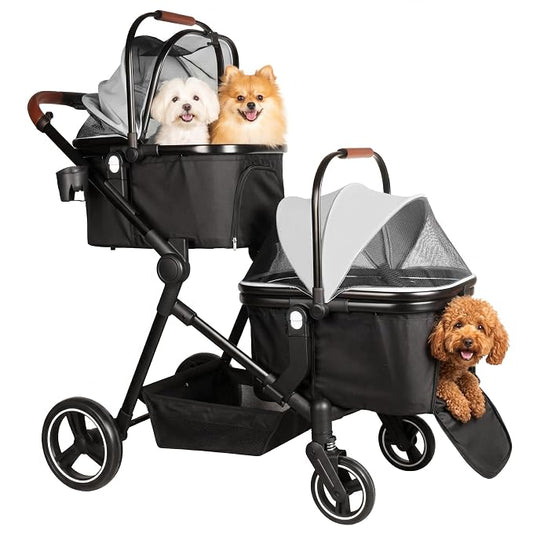 Foldable Double Pet Stroller for 2 Small Medium Cats Dogs | Convertible single/double | Detachable carriers | All-terrain wheels & shock | Safety brakes & tether | Breathable oxford