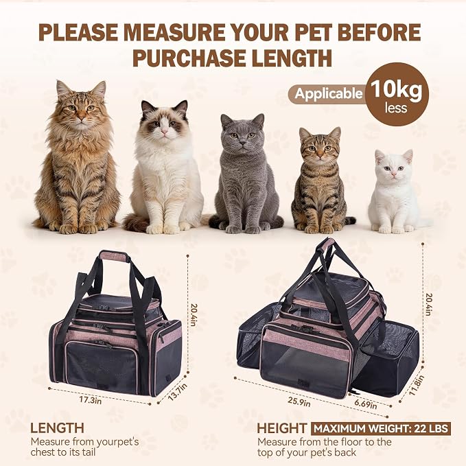 Cat Carrier Soft Sided, Expandable Pet Carrier for Medium Small Pets, Collapsible Travel Carrier with Hard Shell, 360° Panoramic Mesh, Washable Waterproof Pad | – 17.3×13.8×9.4 (Pink)