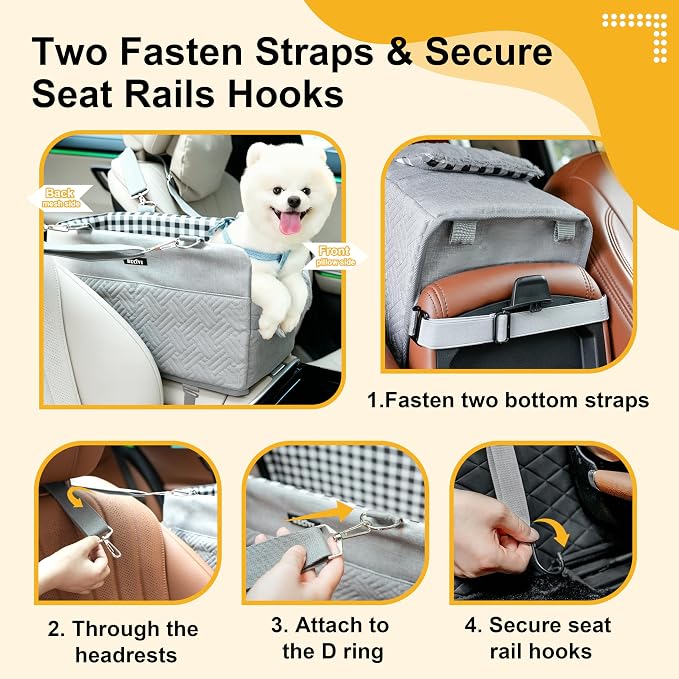 Console Dog Car Seat for Small Dogs Cats Up to 11lbs, Anti-Collapse Pet Armrest Booster Seat with Soft Pillow,Non-Slip Seat Rails Hooks & Safety Belt, Portable Car Accessories for Pets Travel
