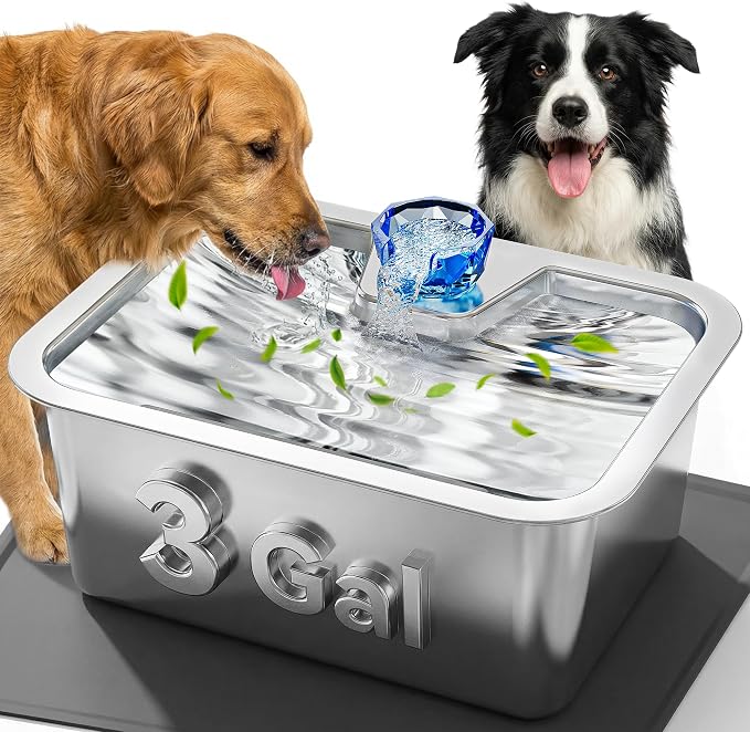 Dog Water Fountain with Silicone Mat - 3 Gallon Stainless Steel Pet Water Fountain with 6 Filters, Quiet Automatic Bowl Dispenser Drinking Waterer for Large Dogs & Multi-pet, Easy to Clean, Indoor Use