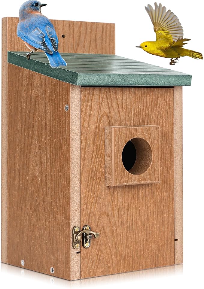 Gtongoko Recycled Plastic Bird Houses for Outside Clearance 1-1/2" Entrance Hole Blue Birdhouses for Outdoors with Air Vents Green & Brown Nesting Box for Cardinals Swallows Finches Chickadee 1 Pack