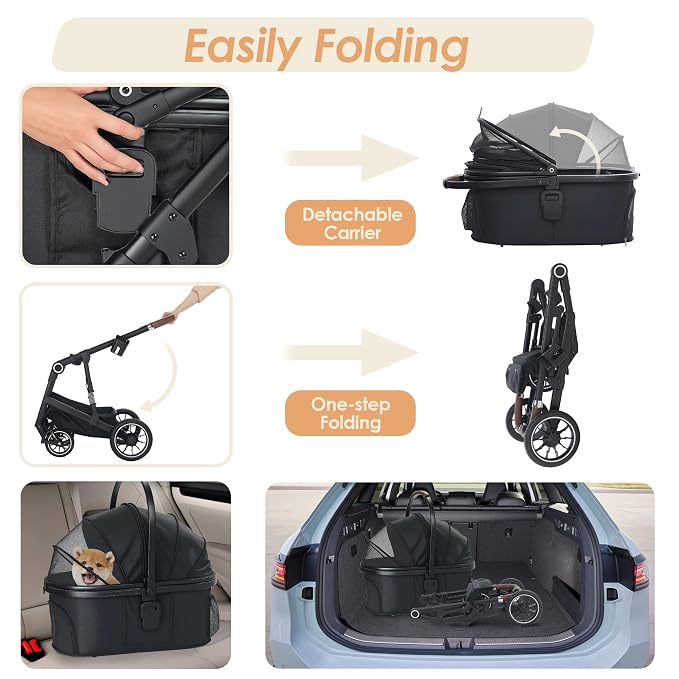 TODEFULL Pet Stroller with 4 Wheels, 3 IN 1 Folding Puppy Strollers for Small/Medium Dogs Cats up to 50lbs, Lightweight Pet Travel Carrier with Detachable Cushion, Storage Basket and Cup Holder, Black