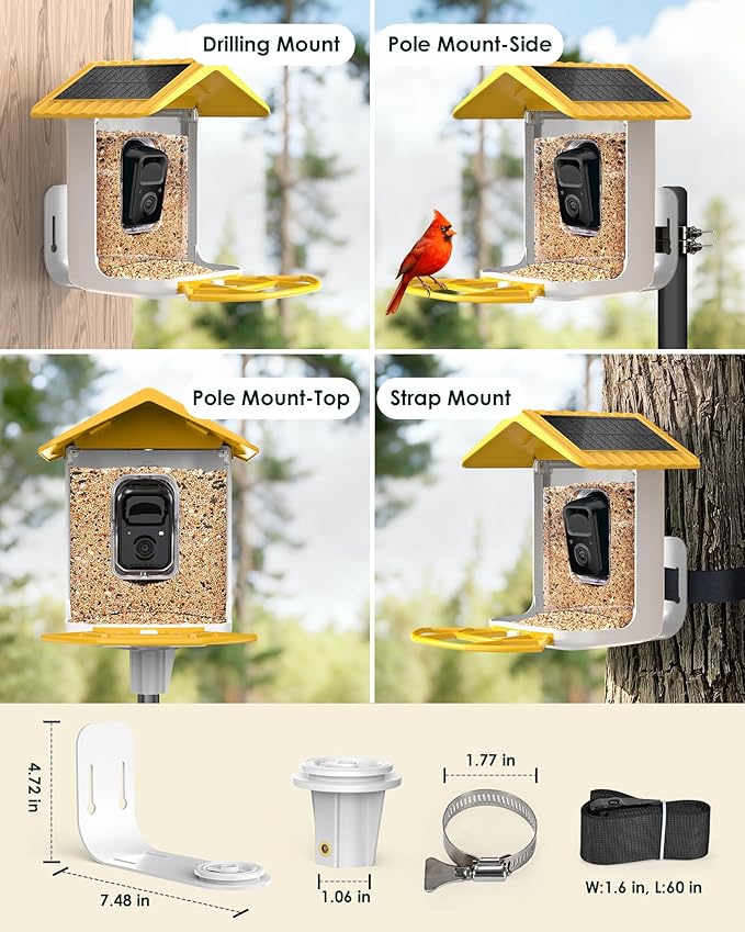 BIRDSFAVE-Bird Feeder with Camera Solar Powered, 2K Clear Live/Video/Photo Auto Arrival Alerts AI Identify Smart Cameras Birds Feeders with 32GB Card DIY Add-ons, 2.4G WiFi Wireless Birdwatching Gift
