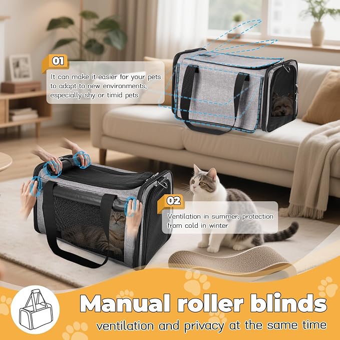 YUDODO 2 Packs 25 lbs Lightproof Soft Sided Cat Carrier for Large Cat & Small Dog Airline Approved Travel Bag Pet Puppy Carriers with Side Pockets & Reflective Mesh, Foldable Portable for Car 2 Grey