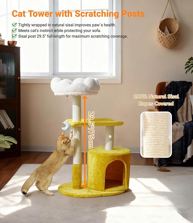 Happi N Pets Cat Tree, 33" Multi-Level Cloud Cat Tree Tower with Cozy Padded Bed & Large Condo for All Sized Cats, Featuring Scratching Posts, Viewing Perch & Toys, Stable Small Cat Tower