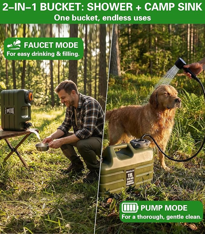 Beviliu Portable Camping Shower – 3 Gallon & 5 Gallon Food-Grade Jug, Rechargeable Pump, IPX8 Waterproof, Lightweight & Extra-Large Portable Shower for Camping, Beach, RV, Pet