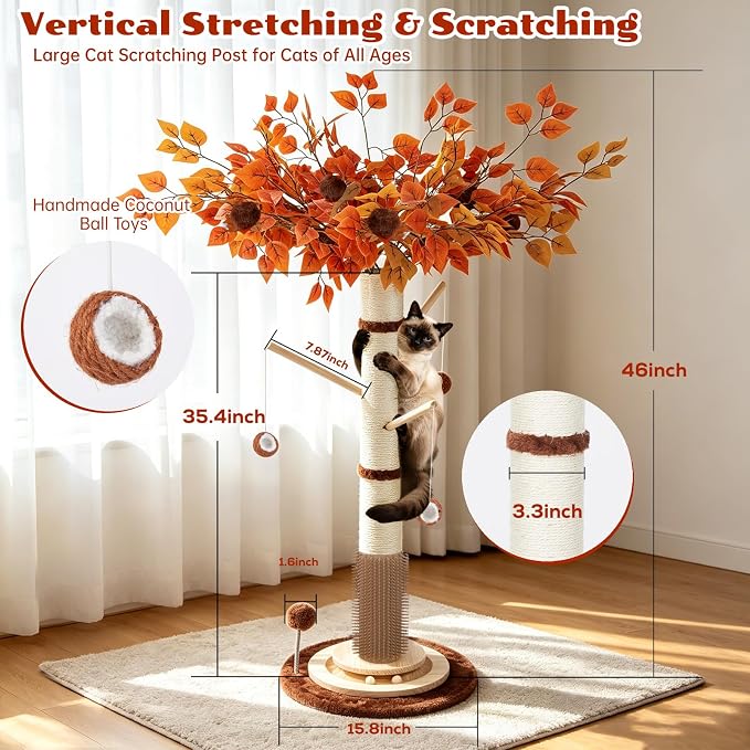 Cat Scratching Post, 46" Tall Scratcher Post for Indoor Adult Cats | Heavy Duty Scratching Post 100% Natural Sisal, Stable 3-Layer Wood Base, Hanging Ball and Track Toy for Indoor Adults Cats
