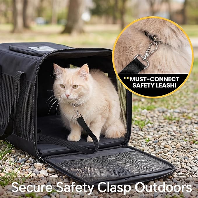 Conlun Dog Carrier Soft Sided, Large Cat Carrier with Inner Safety Leash, Pet Transport Carrier for Large Cats and Medium Dogs up to 20 Lbs, Collapsible Travel Puppy Carrier Bag -Black L