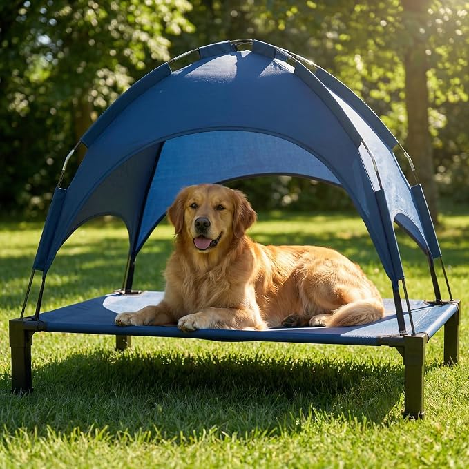 Elevated Dog Bed with Canopy Raised Pet Cot for Large Dogs, Outdoor Dog Cot with Removable Sun Shade Tent, Breathable Mesh Portable Dogs Cot for Camping, Beach, Backyard, Outdoor Use