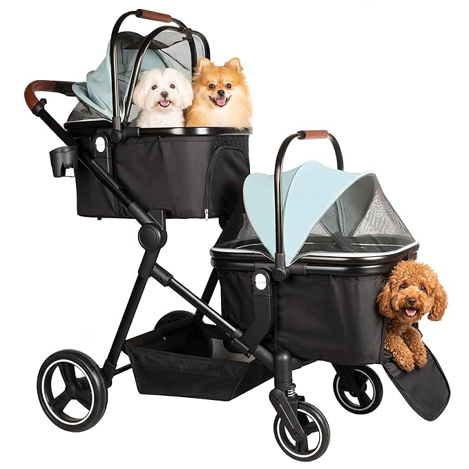 Foldable Double Pet Stroller for 2 Small Medium Cats Dogs | Convertible single/double | Detachable carriers | All-terrain wheels & shock | Safety brakes & tether | Breathable oxford
