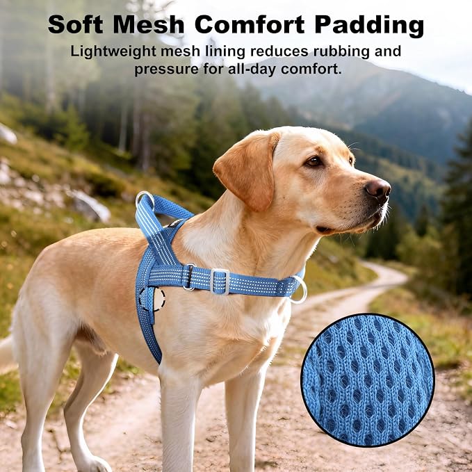 No Pull Dog Harness with Handle, Adjustable Soft Mesh Padded Vest | Reflective Walking Harness with Front Clip for Small Medium Large Dogs, Quick Fit No Escape for Training, Blue, M