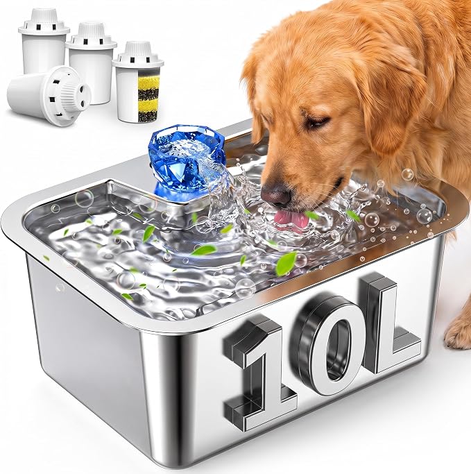 PETNF Dog Water Fountain, 10L Stainless Steel Pet Water Dispenser with 4-Stage Filtration, Ultra-Quiet Pump & Circulating Flow, Ideal for Large Dogs Multi-Pet Home, Perfect for Long Trips & Daily Use