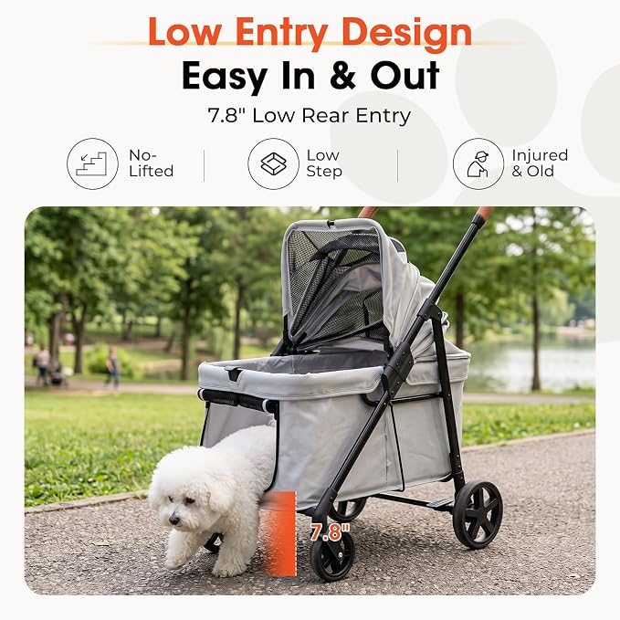 Dog Stroller for 2 Small Dogs or 1 Medium Pet, Low-Entry Design with Anti-Jump-Out, 600D Oxford Fabric, Up to 70 lbs,Grey
