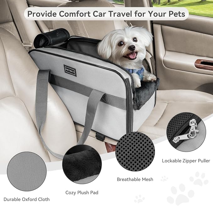 PETSFIT Multipurpose Console Dog Car Seat, Portable Small Dog Car Seat for Dogs, Cat Carrier, Pet Carrier Airline Approved with Safety Tether and Pockets (Light Grey)
