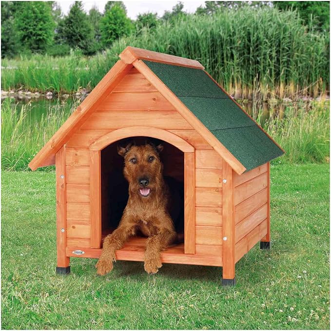 TRIXIE Natura Medium Cottage Dog House, 34.75 x 30.5 x 32.5 in, Brown | Outdoor Wooden Dog Shelter, Weatherproof Sealer, Peaked Roof, Removable Floor Panels, Adjustable Legs