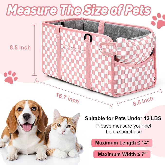 Console Dog Car Seat for Small Dogs, Foldable Booster Seat, Pink Checkered | Portable Booster Seat Sits On Car Console/ Armrest. Foldable for Easy Storage. for Center Console, Easy To Clean.