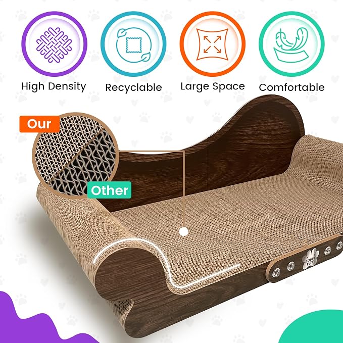 Cat Scratcher Sofa - 26" Cat Scratcher Lounge for Indoor Cats, Long Lasting Scratching Pads, Furniture Protector