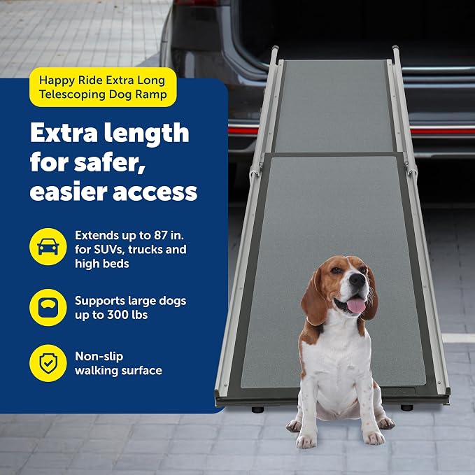 PetSafe Happy Ride Extra Long Telescoping Dog Ramp, Portable Pet Ramp for Cars, Trucks & SUVs with Adjustable Sizing | Extends 47-87 in to Reach Tall Trucks & SUVs, Rubber Feet, Side Rails, Safety Latch for Storage, Supports Dogs up to 300 Lb