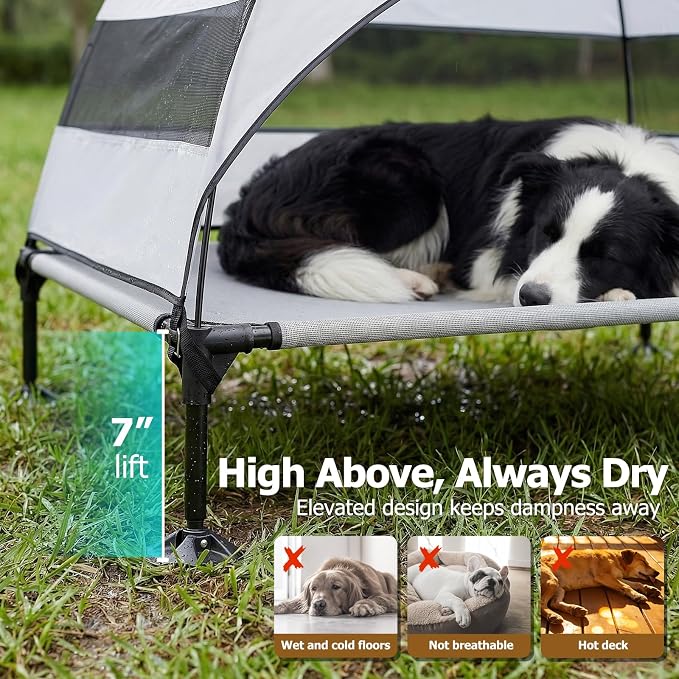 Elevated Dog Bed with Upgraded Canopy, Raised Outdoor Dog Tent with Powerful Anti-Slip Feet, Portable Pet Cot with Larger Shade, Raised Cooling Bed for Camping, Backyard, Beach, Poolside