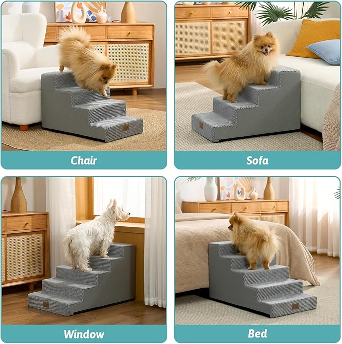 Dog Stairs for Small Dogs 17.7" H, 5 Step Gentle Incline Pet Step for Couch and Beds, Right-Angle Dog Ramp for Puppy Doggie Senior Cats, 17.7x29.5x17.7 Inch, Grey