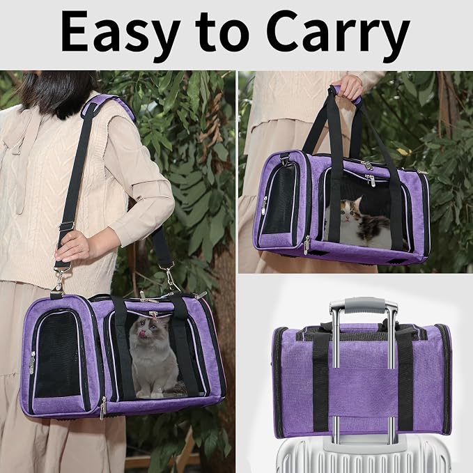 Soft-Sided Cat/Dog/Pet Carrier, Collapsible Pets Travel Carriers for Big Cats/Small Dogs with Shoulder Strap & Removable Mat, Mesh Puppy Carry Bag, Up to 25 Lbs(Purple)