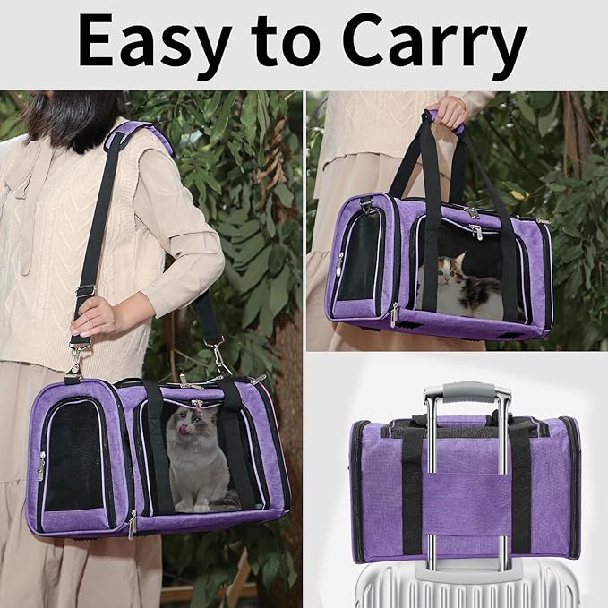Soft-Sided Cat/Dog/Pet Carrier, Collapsible Pets Travel Carriers for Big Cats/Small Dogs with Shoulder Strap & Removable Mat, Mesh Puppy Carry Bag, Up to 16 Lbs, TSA Airline Approved(Purple)