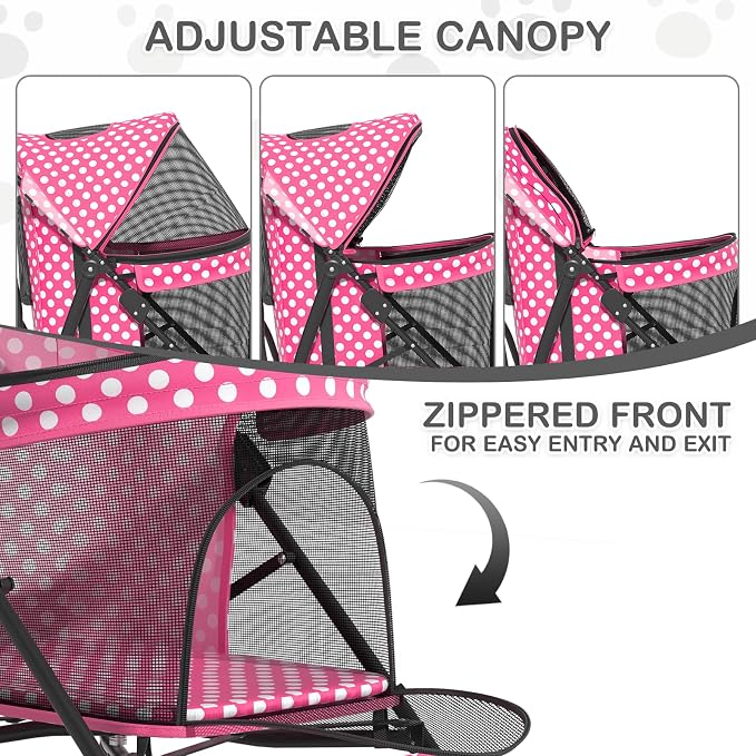 MoNiBloom 4 Wheels Pet Stroller, Easy-Fold Umbrella Shaped Dog Cat Jogger Stroller w/Storage Bag & Visible Mesh for Small/Medium Dogs Cats Hot Pink Polka Dots