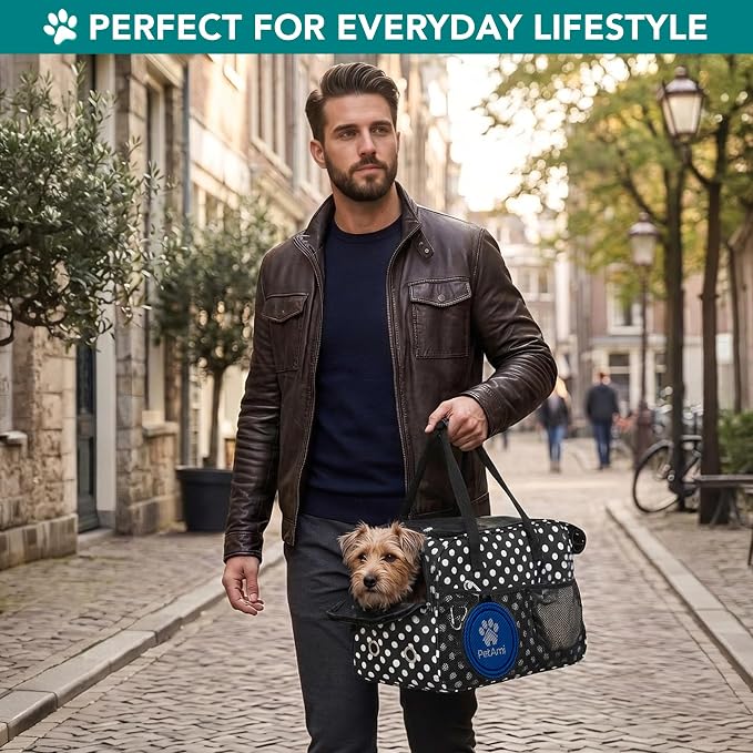 PetAmi Dog Purse Carrier for Small Dogs Cats, TSA Airline Approved Soft-Sided Pet Carrier with Pockets, Ventilated Travel Tote Bag with Bed & Shoulder Strap, Puppy Kitten, Max 12 lbs, Polka Dot Black