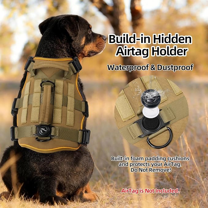 Reflective Tactical Dog Harness with AirTag Holder&3 Pet Patches, Khaki XL | Heavy Duty No Pull Dog Harness, Adjustable Dog Harness, Two Handles, Breathable Mesh Padding, Resists Dirt and Stay Clean
