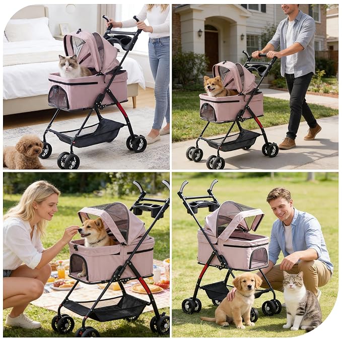 4 Wheels Foldable Pink Pet Stroller with Waterproof Cover, Storage Basket & Cup Holder, Breathable Visible Mesh for All-Season, for Small/Medium Dogs and Cats