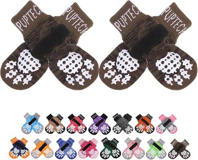 PUPTECK Anti-Slip Dog Socks with Double Sides Grips for Small Medium Large Dogs Hardwood Floors Prevents Licking, Dog Shoes for Hot Pavement Traction Control for Senior Dogs, Coffee Brown XL