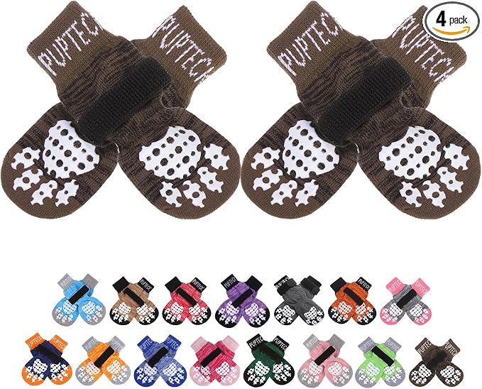 PUPTECK Anti-Slip Dog Socks with Double Sides Grips for Small Medium Large Dogs Hardwood Floors Prevents Licking, Dog Shoes for Hot Pavement Traction Control for Senior Dogs, Coffee Brown S