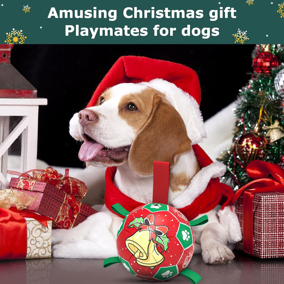QDAN Christmas Dog Soccer Balls with Straps, Interactive Toys for Tug of War, Puppy Birthday Gifts, Durable Balls for Medium Large Dogs (8 Inch)