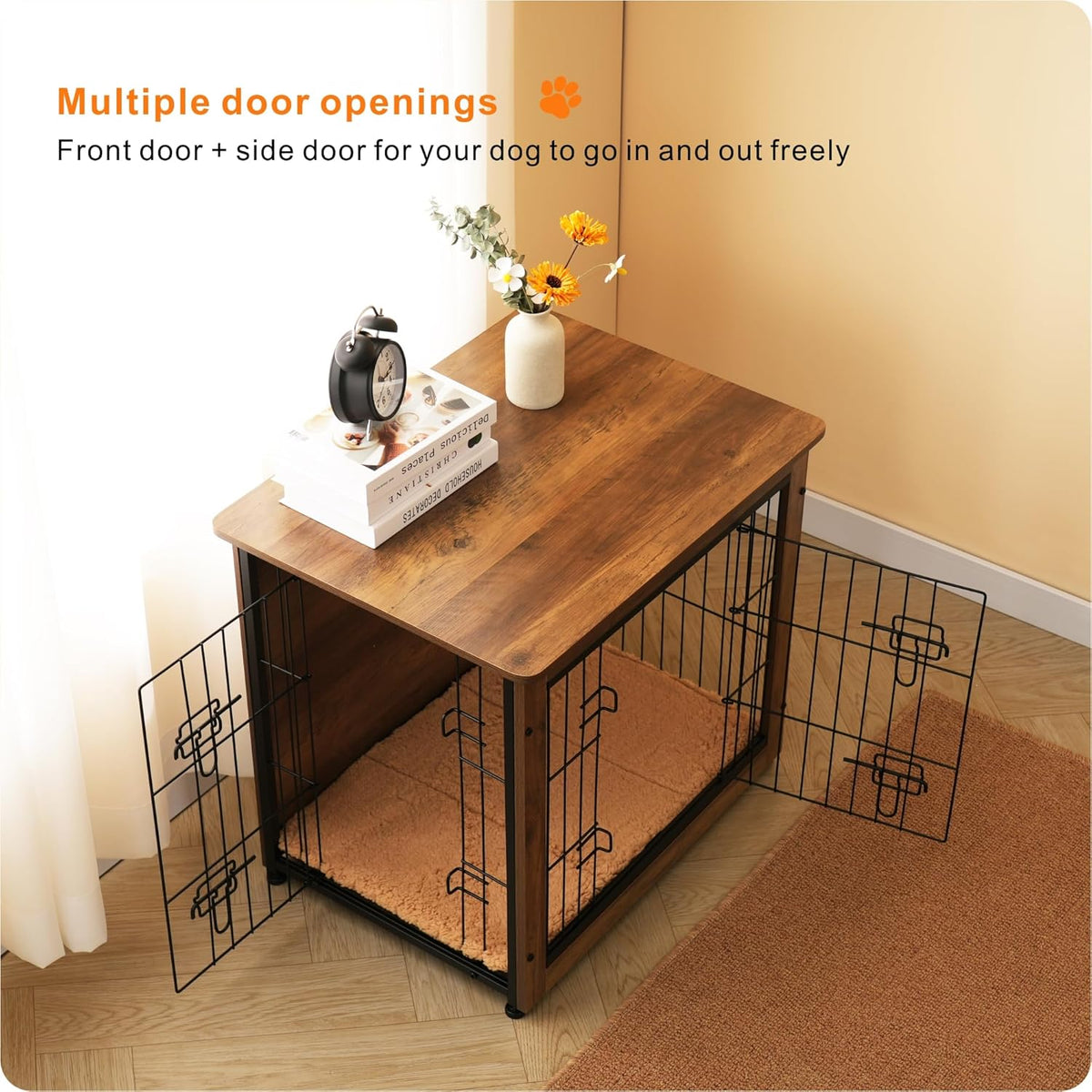 DWANTON Dog Crate Furniture with Cushion, Wooden Kennel Table with Double Doors, Indoor Dog House, Small/Medium/Large Size, 27.2" L, Warm Brown